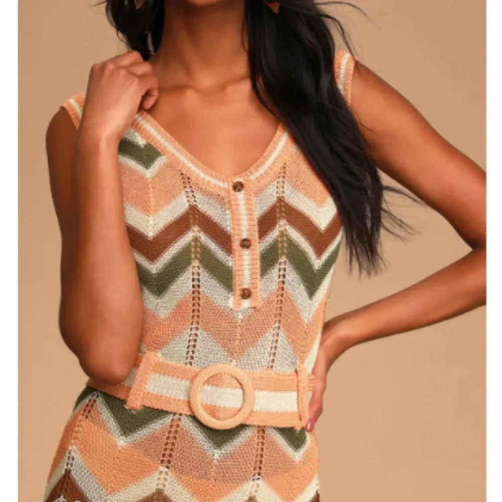 Lulu’s Cream Multi Crochet Belted Maxi Dress - Picture 3 of 4